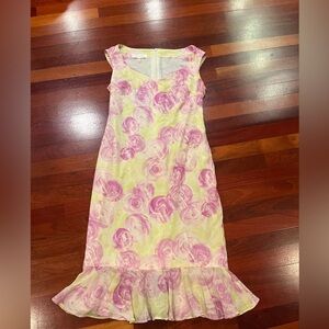 Escada Silk Yellow and Pink Roses Floral Sheath Dress Sz 38